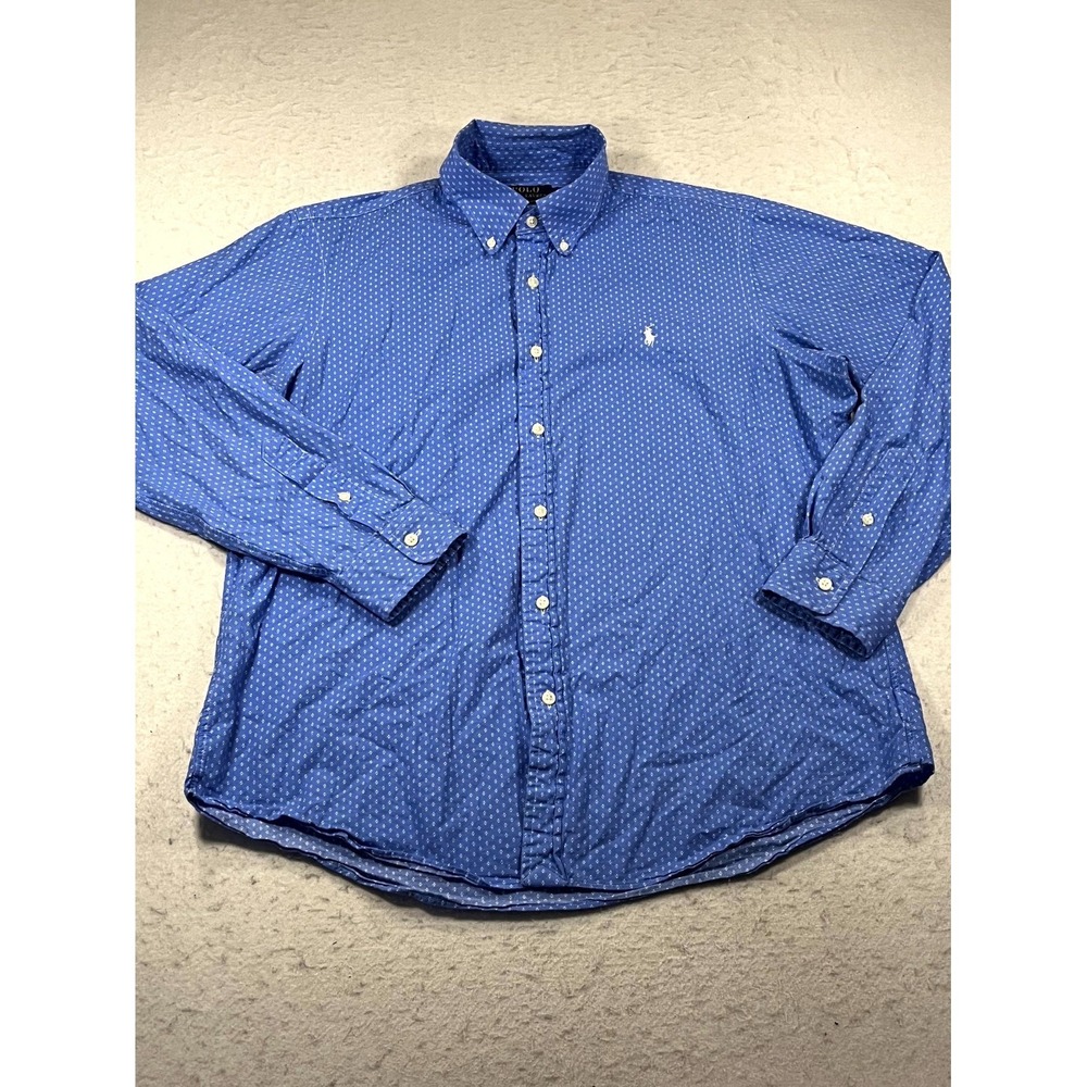 Polo Ralph Lauren Shirt Mens Large Blue Polka Dot Classic Fit Cotton Button Down